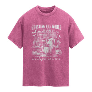 Funny Halloween Book Lover Washed Cotton T-Shirt Ghosting The World One Chapter At A Time
