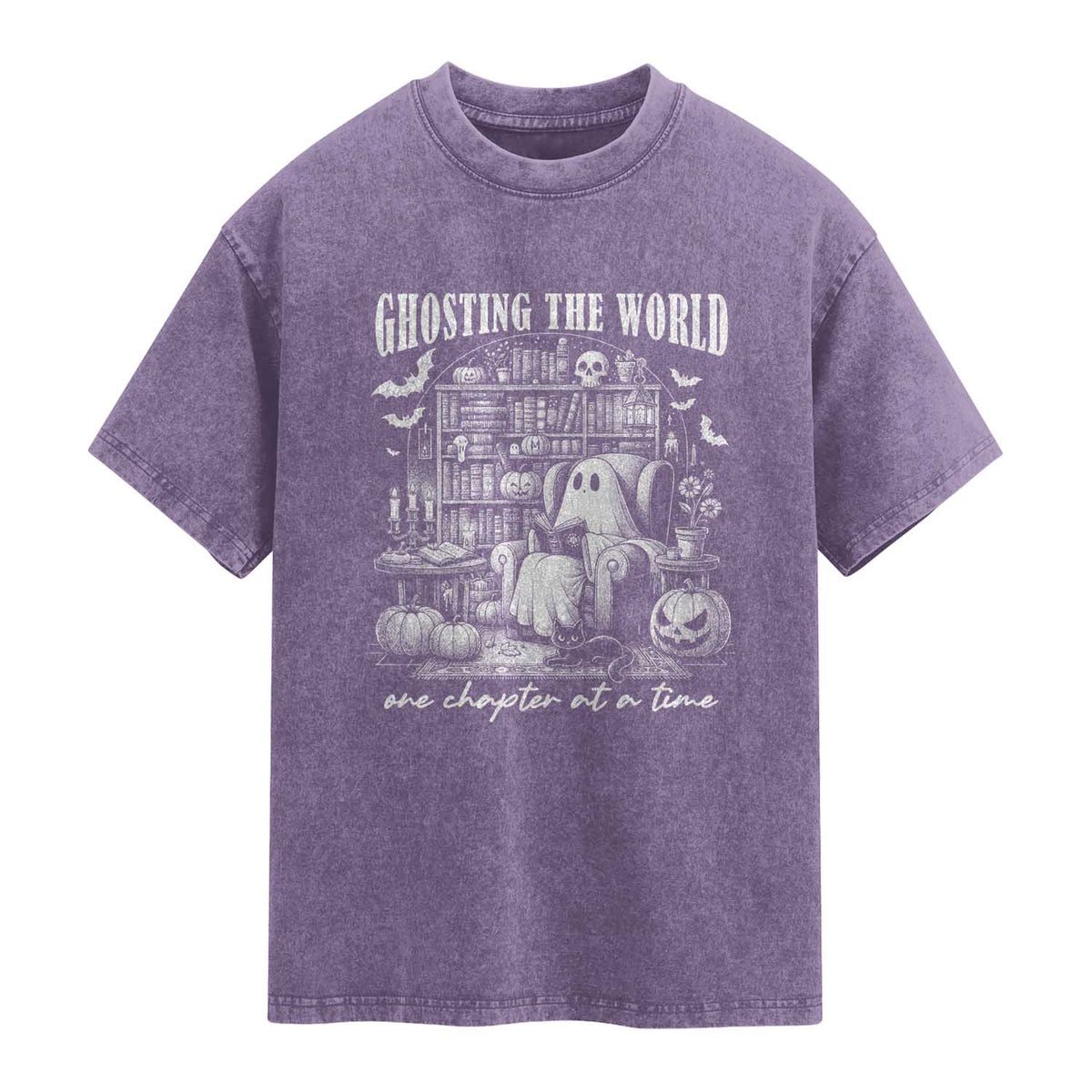 Funny Halloween Book Lover Washed Cotton T-Shirt Ghosting The World One Chapter At A Time