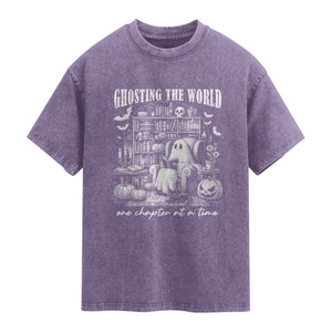 Funny Halloween Book Lover Washed Cotton T-Shirt Ghosting The World One Chapter At A Time