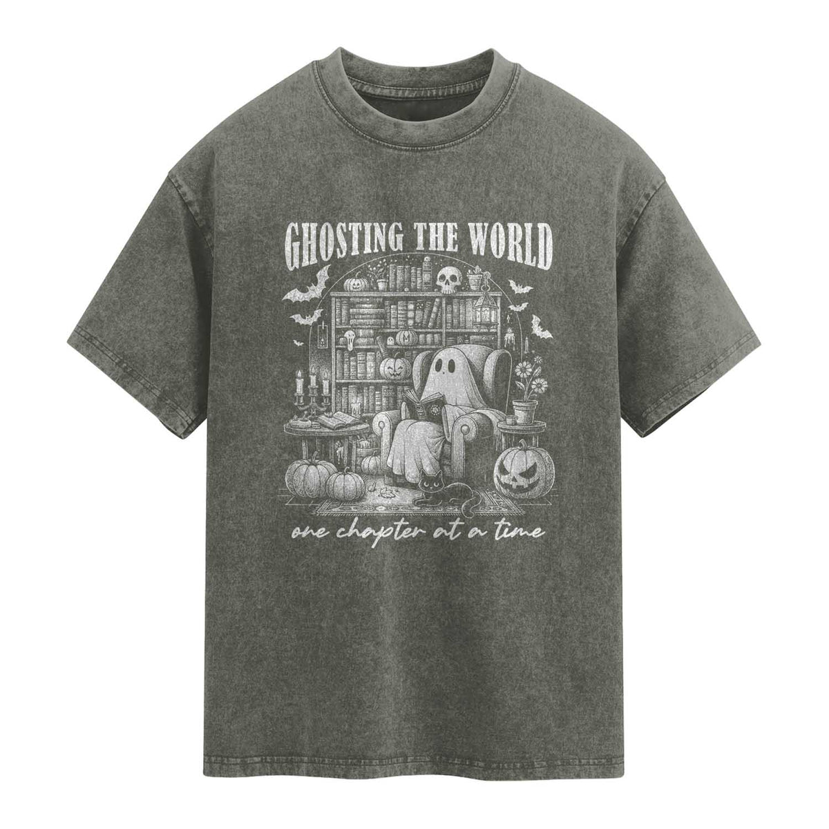 Funny Halloween Book Lover Washed Cotton T-Shirt Ghosting The World One Chapter At A Time