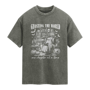 Funny Halloween Book Lover Washed Cotton T-Shirt Ghosting The World One Chapter At A Time