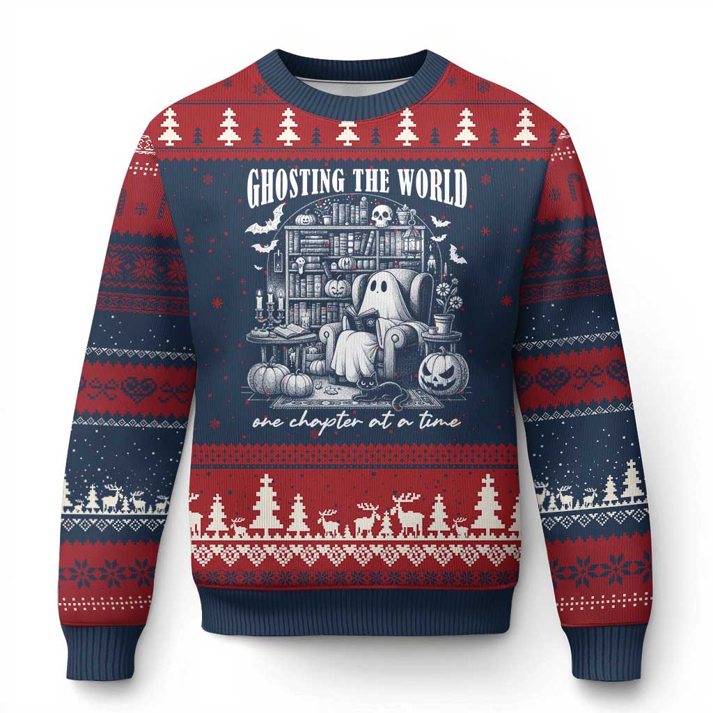 Funny Halloween Book Lover Ugly Christmas Sweater Ghosting The World One Chapter At A Time