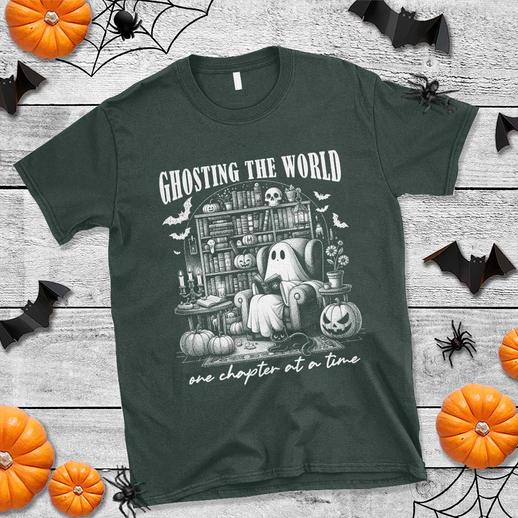Funny Halloween Book Lover T Shirt Ghosting The World One Chapter At A Time
