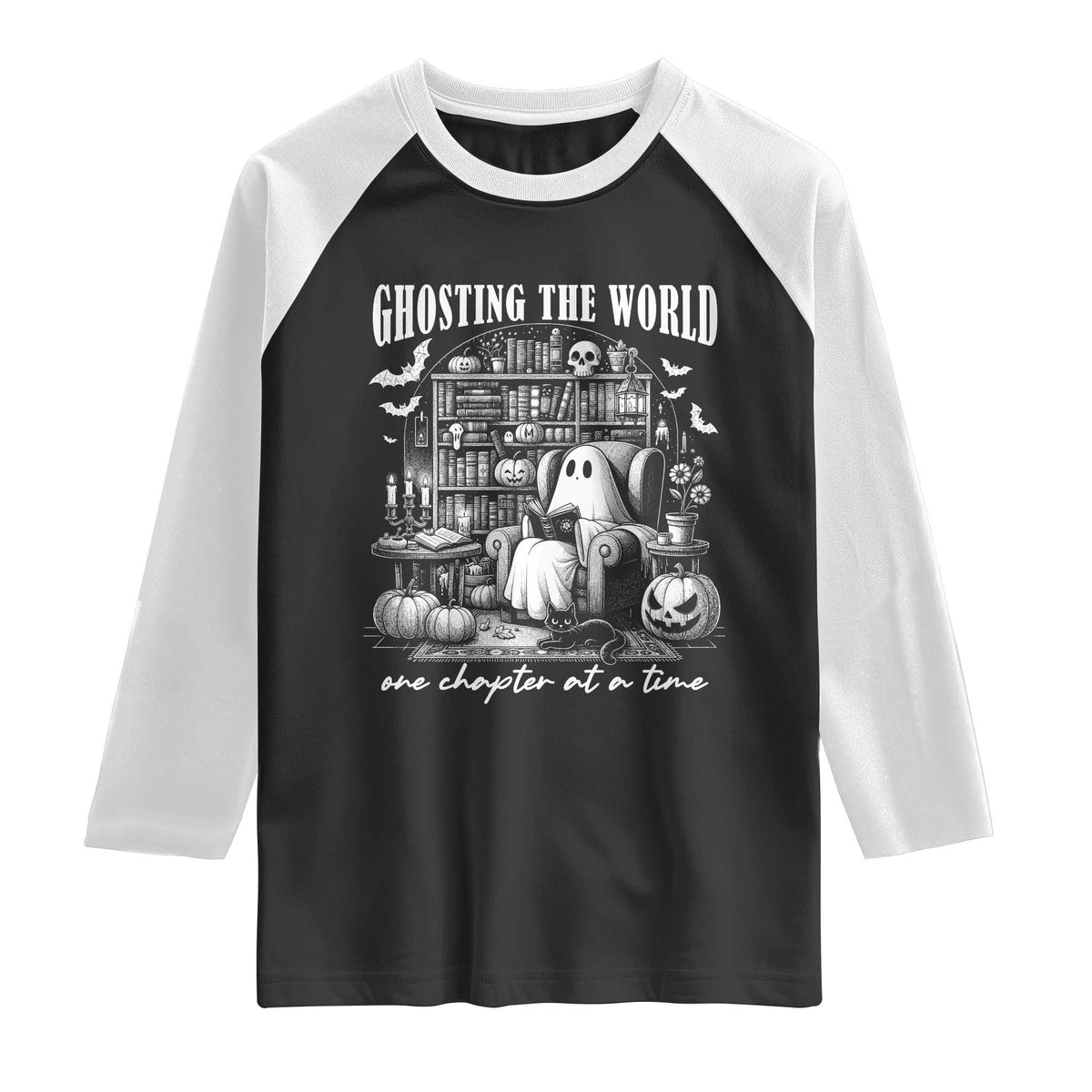 Funny Halloween Book Lover Raglan Shirt Ghosting The World One Chapter At A Time