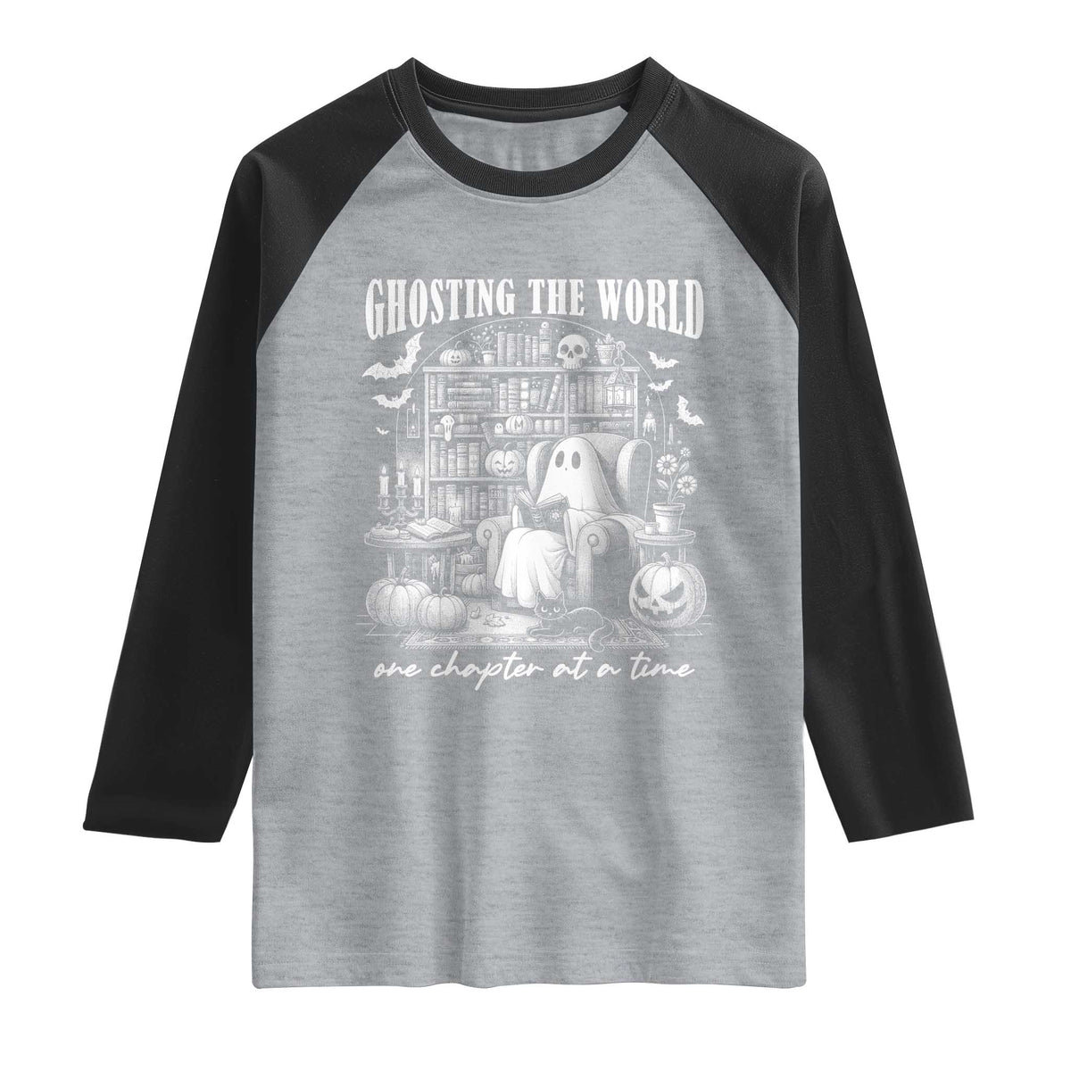 Funny Halloween Book Lover Raglan Shirt Ghosting The World One Chapter At A Time