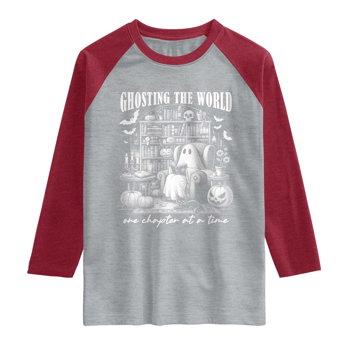 Funny Halloween Book Lover Raglan Shirt Ghosting The World One Chapter At A Time