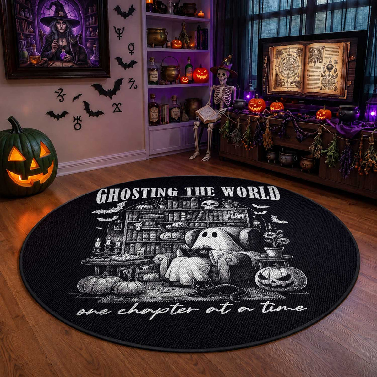 Funny Halloween Book Lover Round Rug Ghosting The World One Chapter At A Time