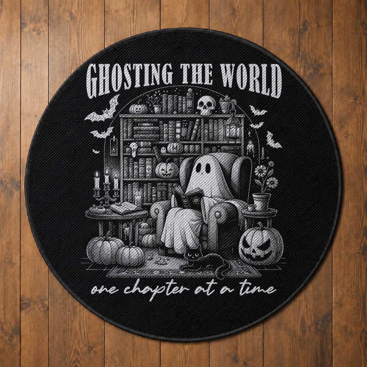 Funny Halloween Book Lover Round Rug Ghosting The World One Chapter At A Time