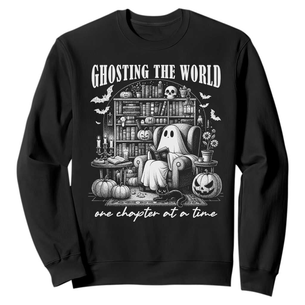 Funny Halloween Book Lover Sweatshirt Ghosting The World One Chapter At A Time