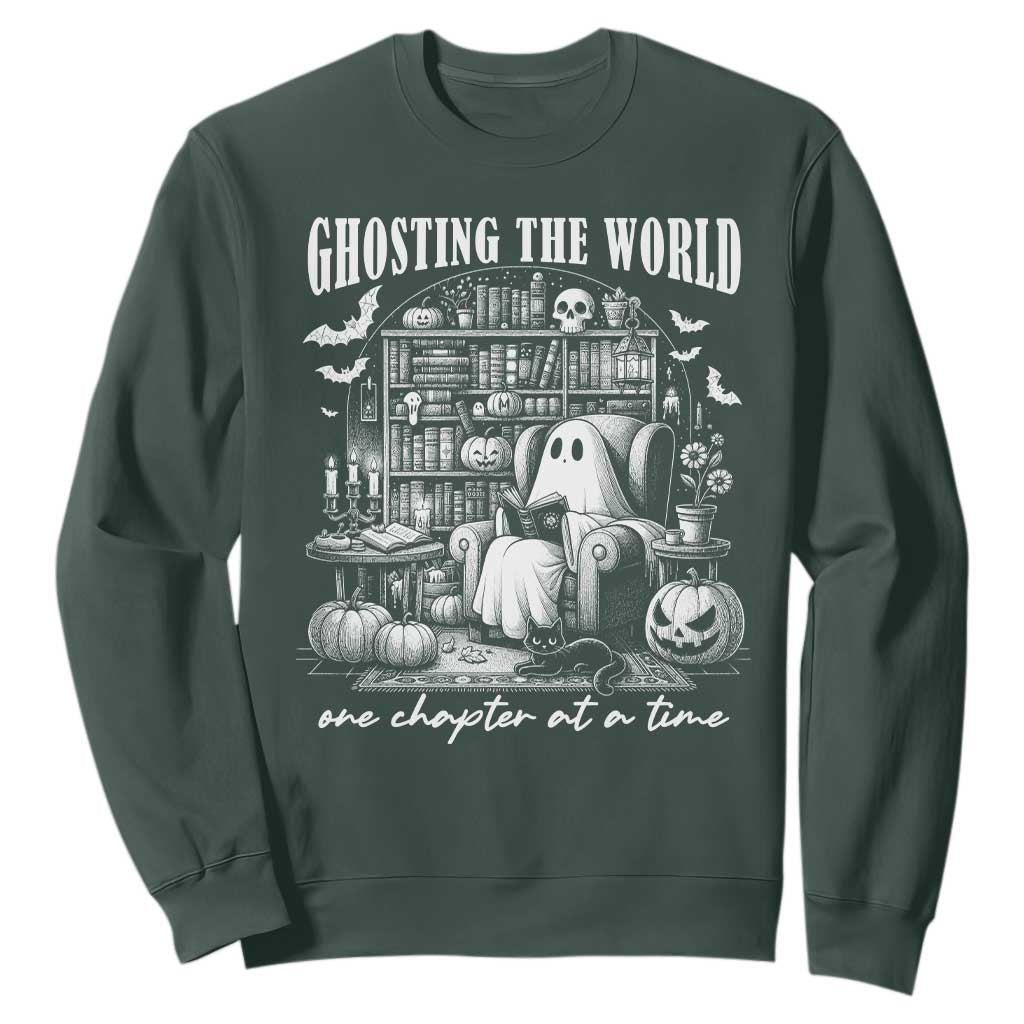 Funny Halloween Book Lover Sweatshirt Ghosting The World One Chapter At A Time