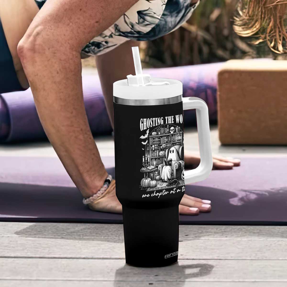 Funny Halloween Book Lover Tumbler With Handle Ghosting The World One Chapter At A Time