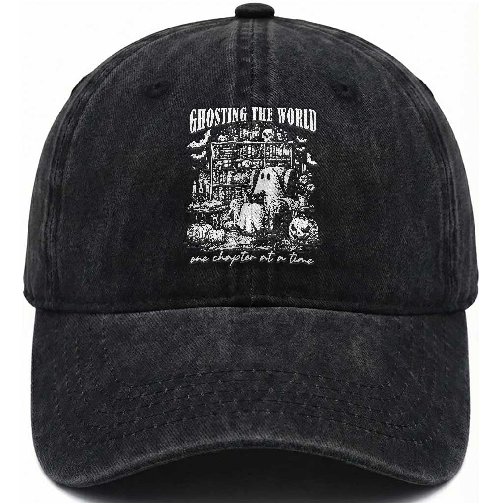 Funny Halloween Book Lover Washed Cotton Baseball Cap Ghosting The World One Chapter At A Time