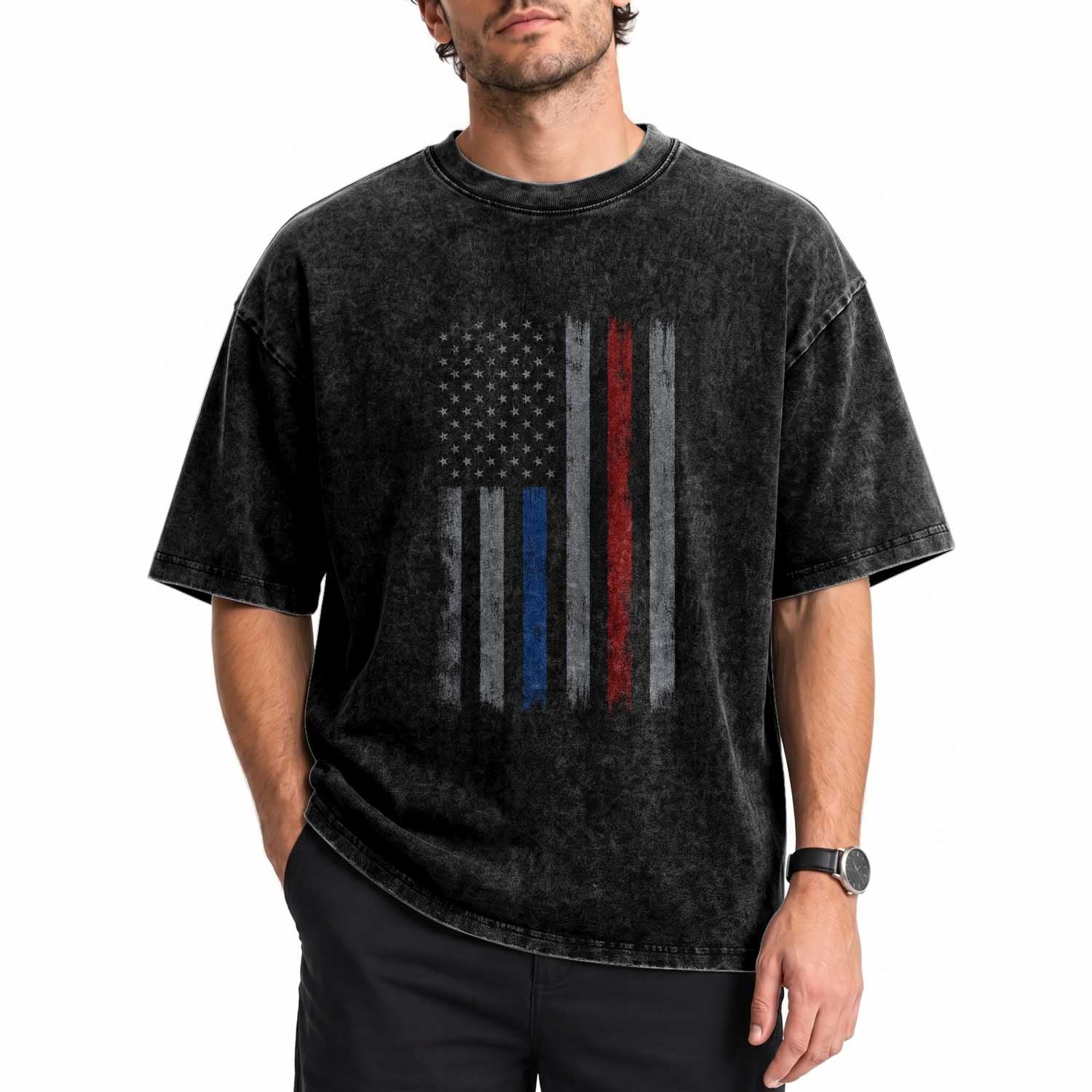 Firefighter Police American Flag Washed Cotton T-Shirt Patriotic First Responder Family