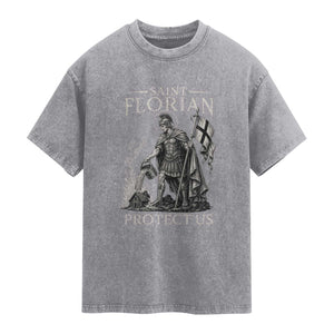 Saint Florian Protect Us Firefighters Patron Washed Cotton T-Shirt Catholic Fireman