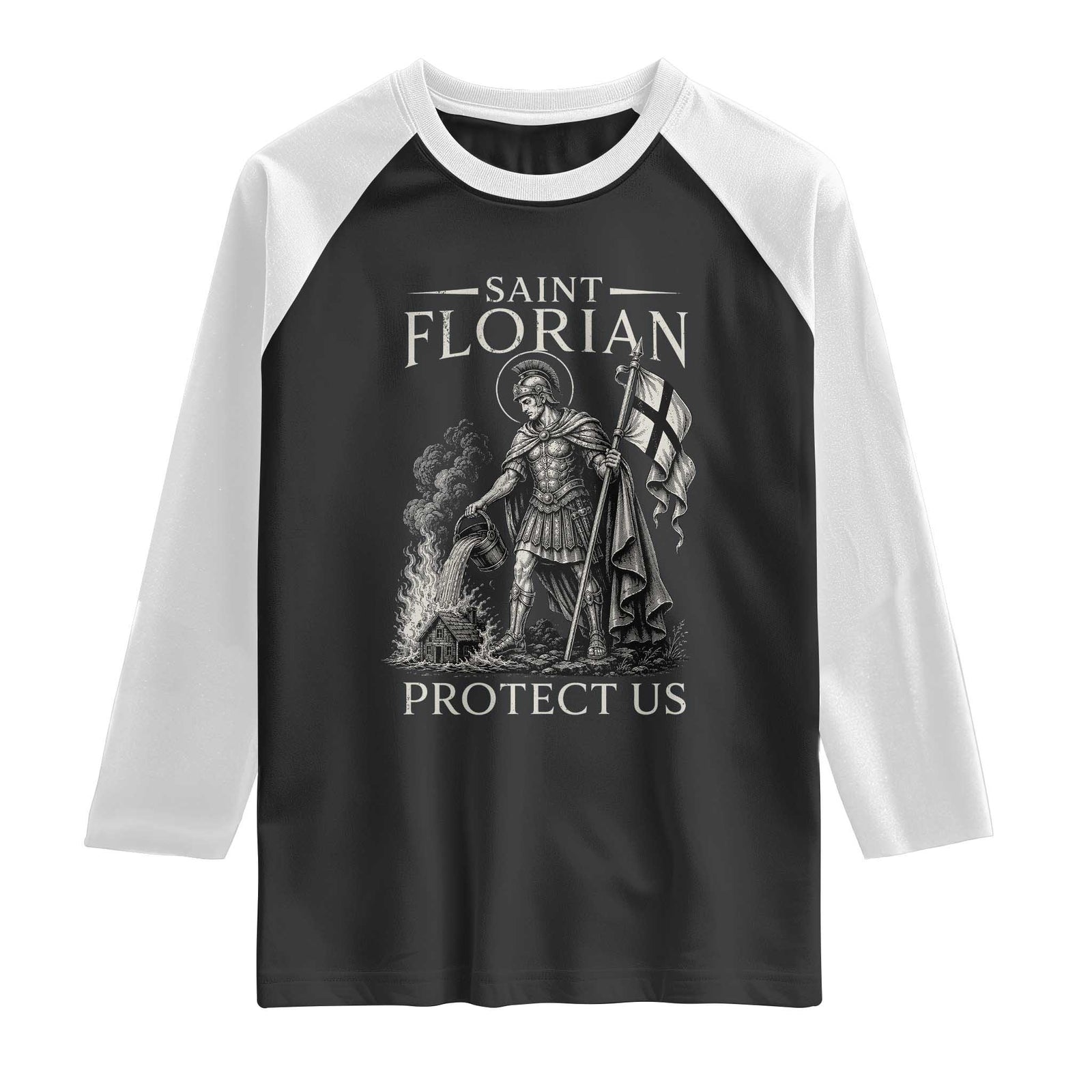 Saint Florian Protect Us Firefighters Patron Raglan Shirt Catholic Fireman