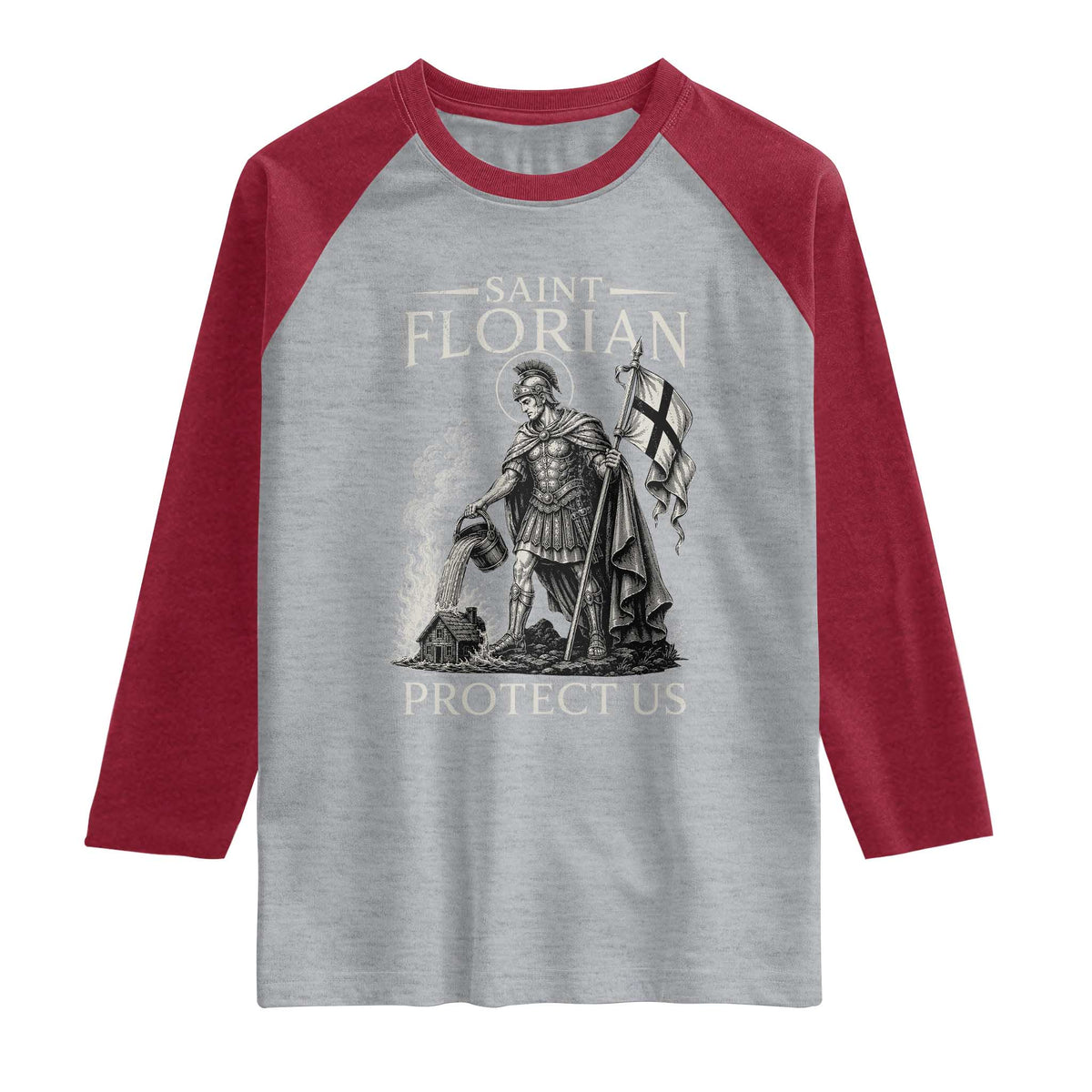 Saint Florian Protect Us Firefighters Patron Raglan Shirt Catholic Fireman