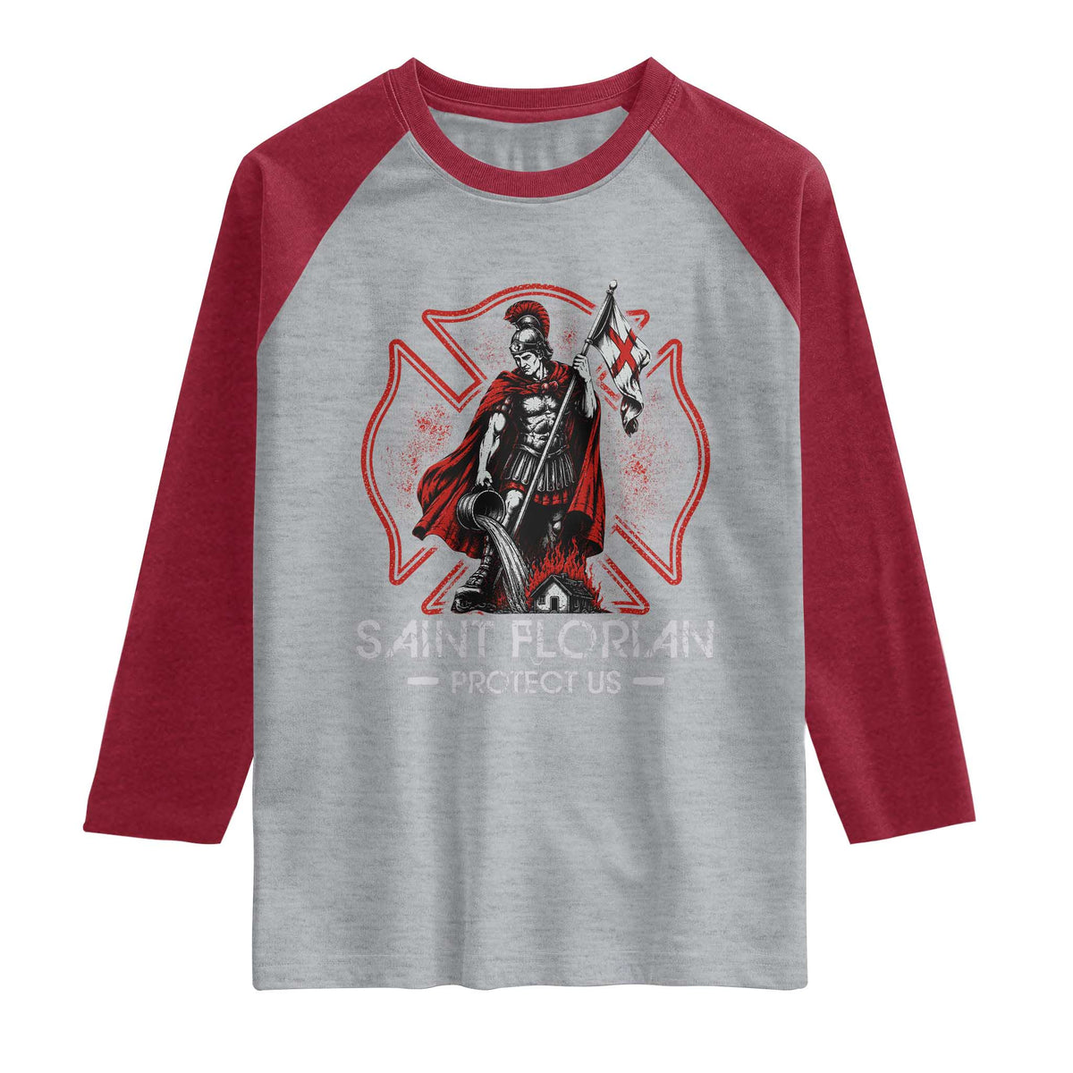 Saint Florian Protect Us Raglan Shirt Patron Saint of Firefighters Catholic Christian Fireman
