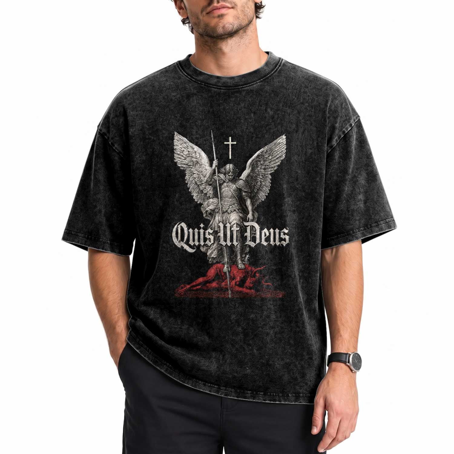 Saint Michael The Archangel Washed Cotton T-Shirt Quis Ut Deus Catholic Prayer Christian Saints