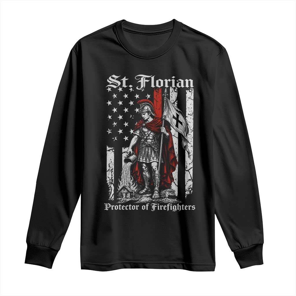 St Florian Patron Protector of Firefighter Long Sleeve Shirt Vintage American Flag