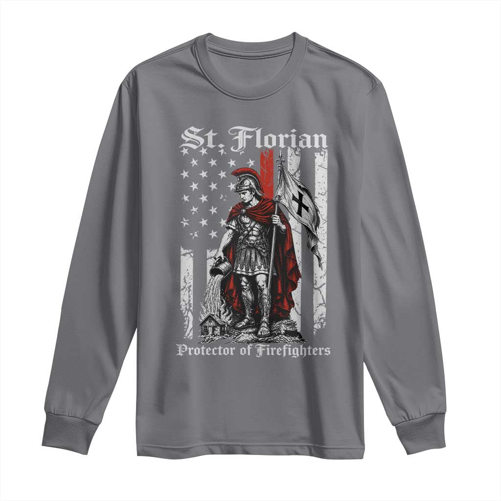 St Florian Patron Protector of Firefighter Long Sleeve Shirt Vintage American Flag
