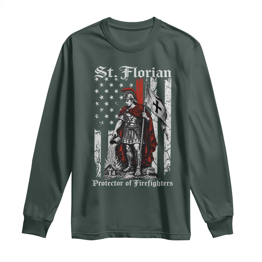 St Florian Patron Protector of Firefighter Long Sleeve Shirt Vintage American Flag