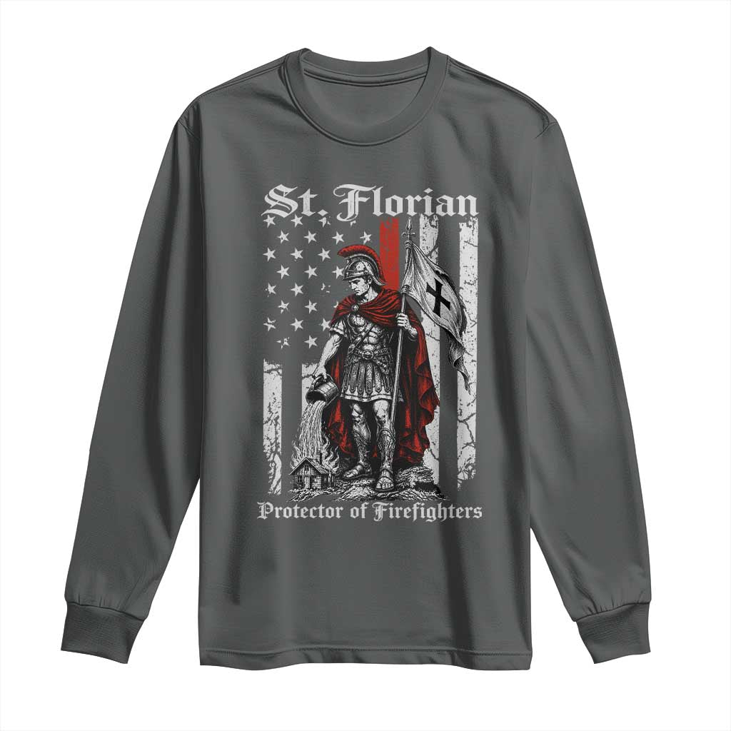 St Florian Patron Protector of Firefighter Long Sleeve Shirt Vintage American Flag