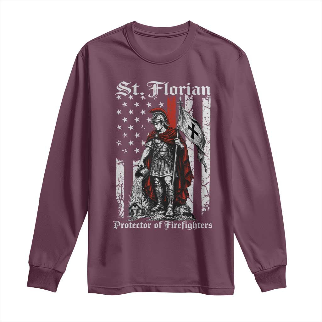 St Florian Patron Protector of Firefighter Long Sleeve Shirt Vintage American Flag