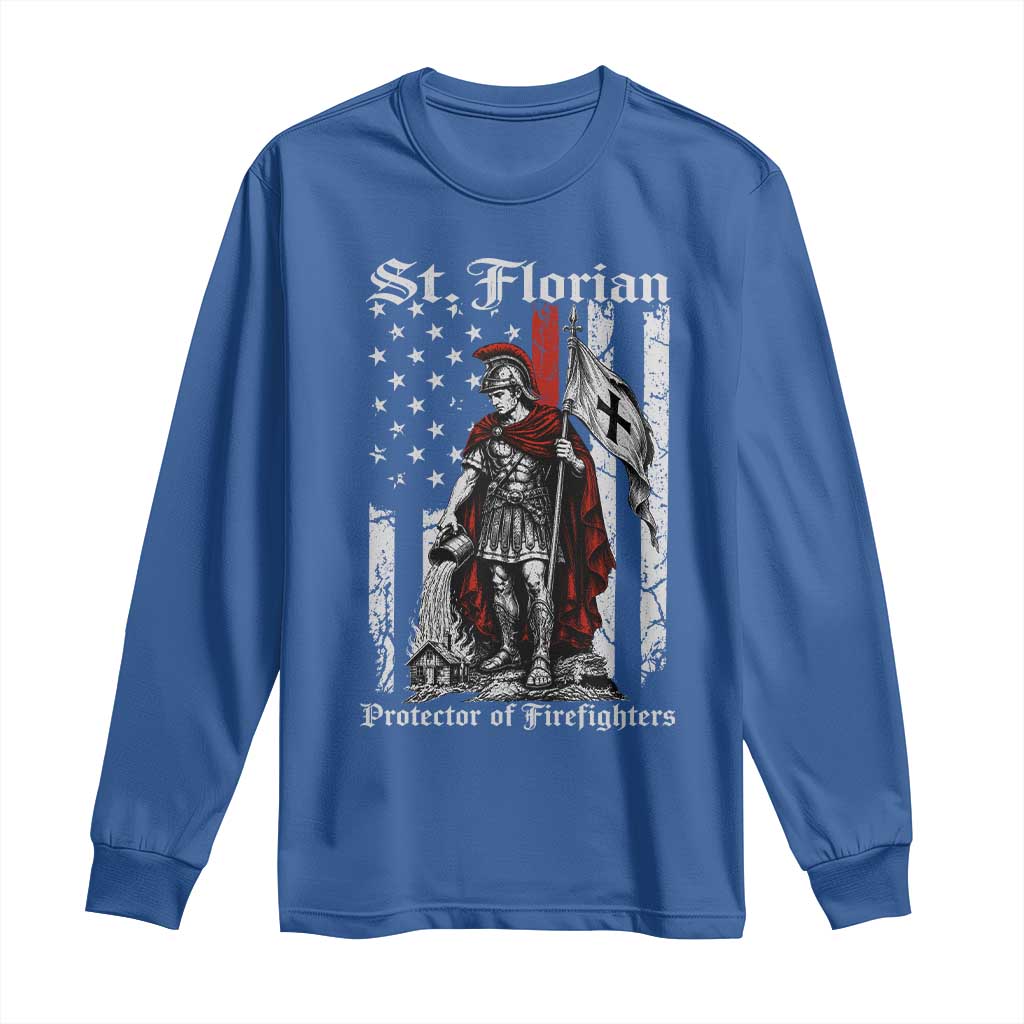 St Florian Patron Protector of Firefighter Long Sleeve Shirt Vintage American Flag