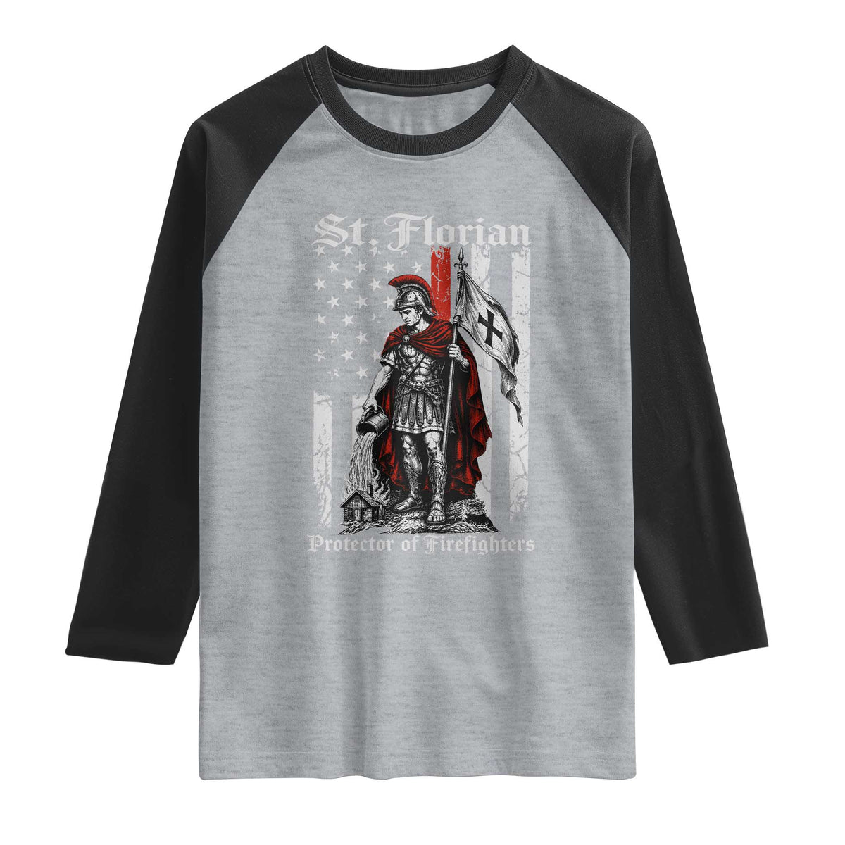 St Florian Patron Protector of Firefighter Raglan Shirt Vintage American Flag