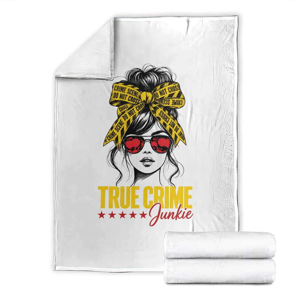 True Crime Junkie Throw Blanket Murder Shows Crime Fan Messy Bun Graphic