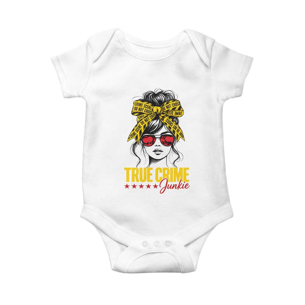 True Crime Junkie Baby Onesie Murder Shows Crime Fan Messy Bun Graphic