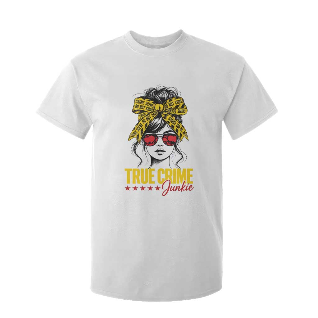 True Crime Junkie T Shirt For Kid Murder Shows Crime Fan Messy Bun Graphic