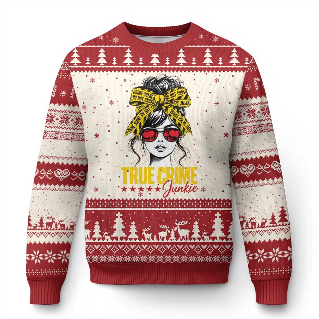 True Crime Junkie Ugly Christmas Sweater Murder Shows Crime Fan Messy Bun Graphic