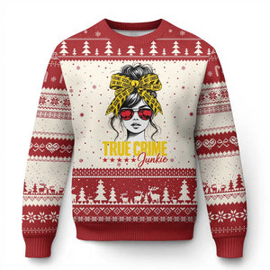 True Crime Junkie Ugly Christmas Sweater Murder Shows Crime Fan Messy Bun Graphic