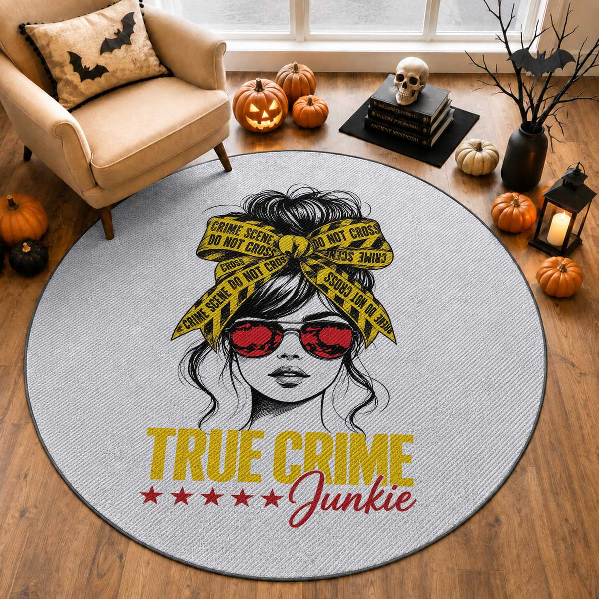 True Crime Junkie Round Rug Murder Shows Crime Fan Messy Bun Graphic
