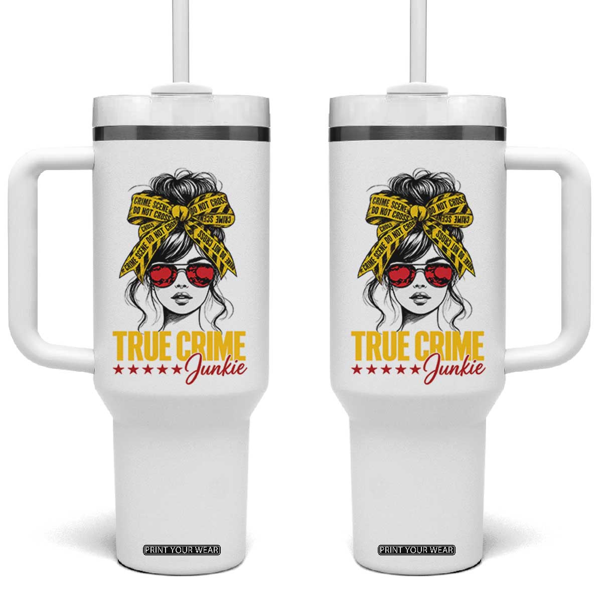 True Crime Junkie Tumbler With Handle Murder Shows Crime Fan Messy Bun Graphic