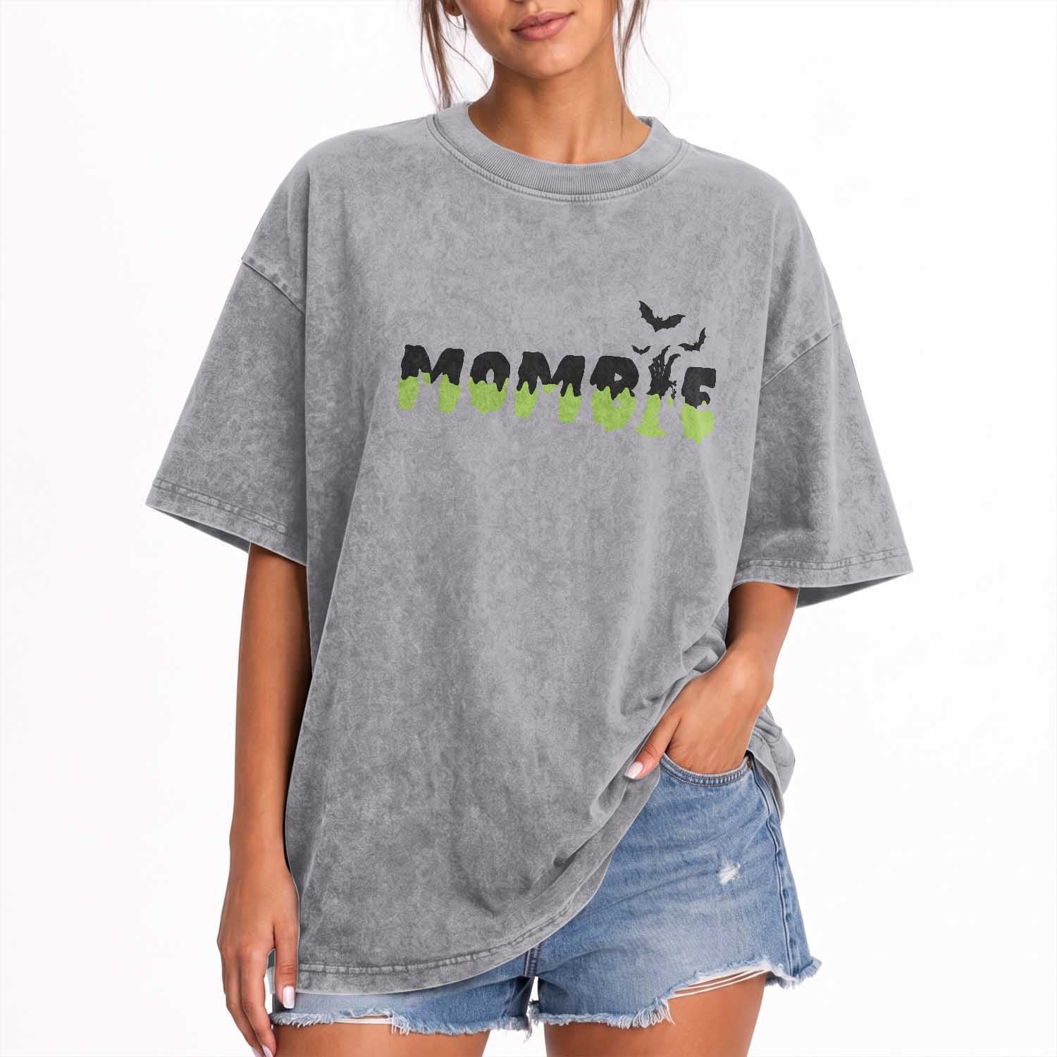 Halloween Couple Matching Washed Cotton T-Shirt Mombie Couples Mommy Wife Zombie Hand Bat