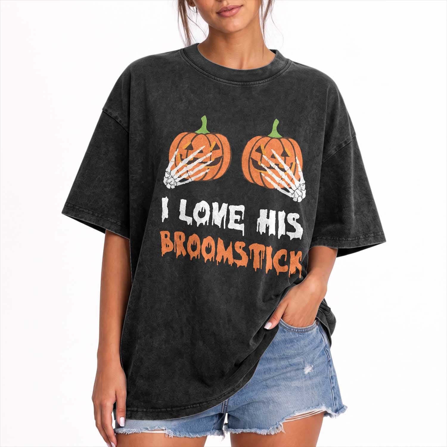 Halloween Couple Matching Washed Cotton T-Shirt I Love His Broomstick Pumpkin Skeleton Hand