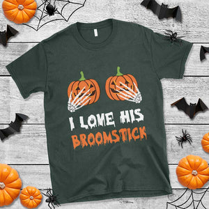 Halloween Couple Matching T Shirt I Love His Broomstick Pumpkin Skeleton Hand TS11 Dark Forest Green Print Your Wear