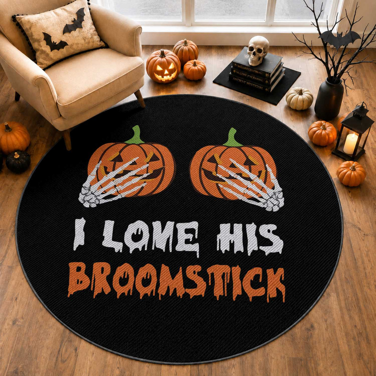 Halloween Couple Matching Round Rug I Love His Broomstick Pumpkin Skeleton Hand