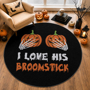 Halloween Couple Matching Round Rug I Love His Broomstick Pumpkin Skeleton Hand