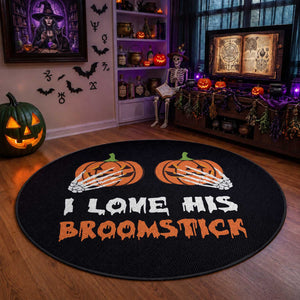 Halloween Couple Matching Round Rug I Love His Broomstick Pumpkin Skeleton Hand