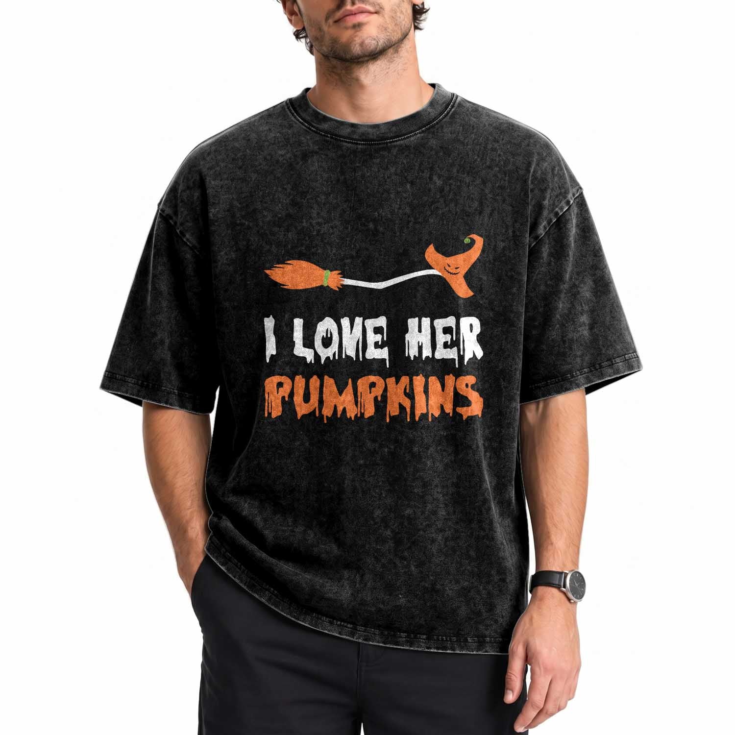Halloween Couple Matching Washed Cotton T-Shirt I Love Her Pumpkins Broomstick Witch Hat