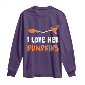 Halloween Couple Matching Long Sleeve Shirt I Love Her Pumpkins Broomstick Witch Hat TS11 Purple Print Your Wear