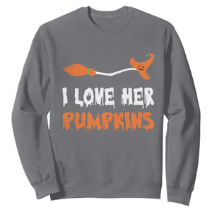 Halloween Couple Matching Sweatshirt I Love Her Pumpkins Broomstick Witch Hat TS11 Charcoal Print Your Wear