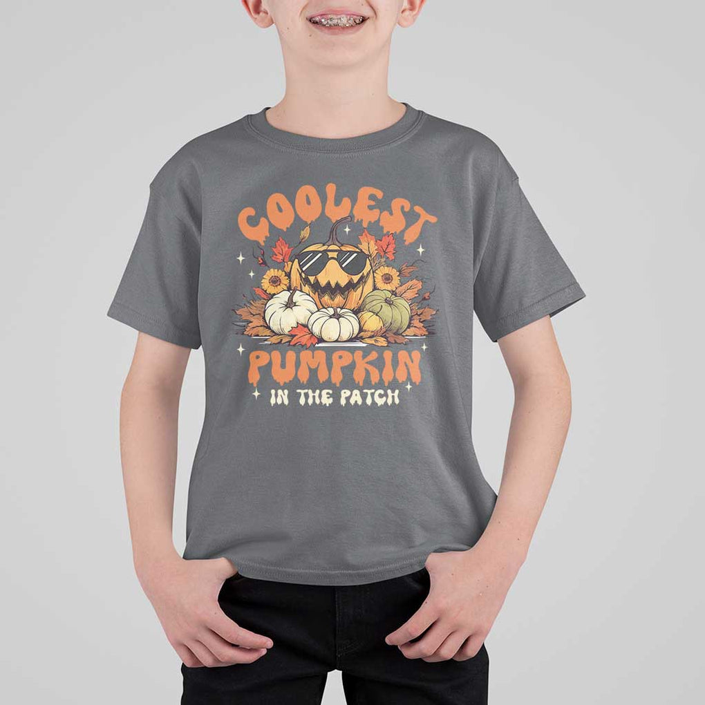 Funny Halloween T Shirt For Kid Coolest Pumpkin In The Patch Autumn Maple Leaf Flower TS11 Charcoal Print Your Wear