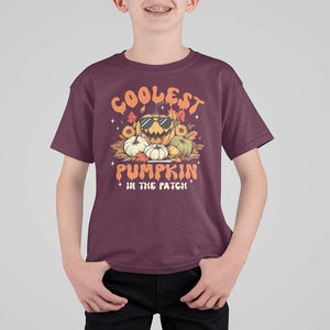 Funny Halloween T Shirt For Kid Coolest Pumpkin In The Patch Autumn Maple Leaf Flower TS11 Maroon Print Your Wear