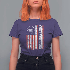 Trump 2024 T Shirt For Women You Missed Twice 0 2 Vintage American Flag Star TS11 Purple Print Your Wear