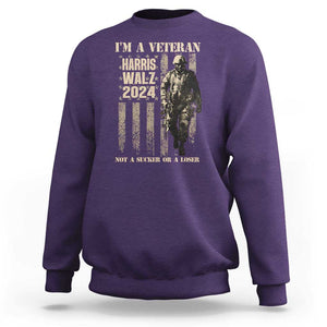 Harris Walz 2024 Sweatshirt I'm A Veteran Not A Sucker Or A Loser Vintage American Flag Military TS11 Purple Print Your Wear