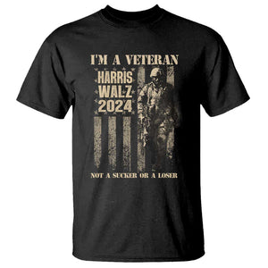 Harris Walz 2024 T Shirt I'm A Veteran Not A Sucker Or A Loser Vintage American Flag Military TS11 Black Print Your Wear